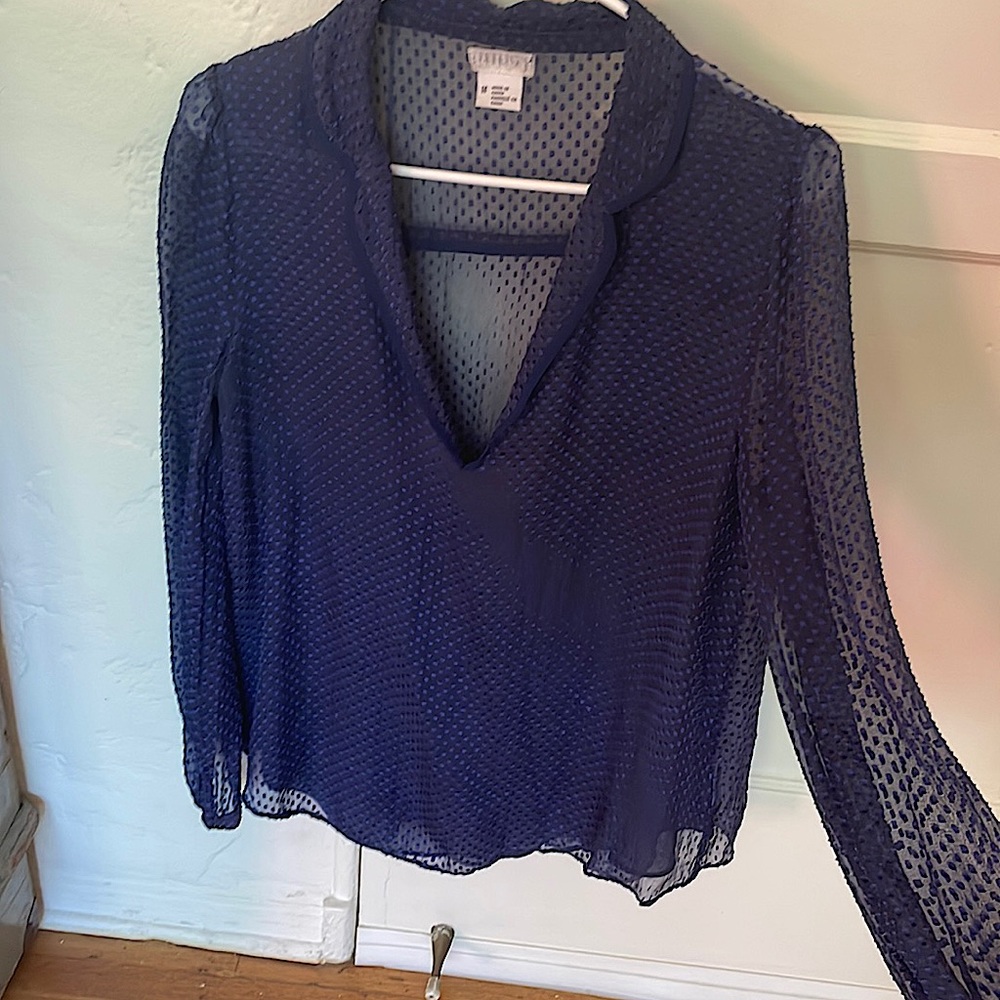 vintage dotted navy blue sheer blouse fits S-M